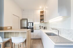 Conception d'une cuisine contemporaine dans un petit espace, optimisée en rangement.
Projet ML Architecture, photo atelier Kuryo. petite cuisine contemporaine réalisée sur-mesure